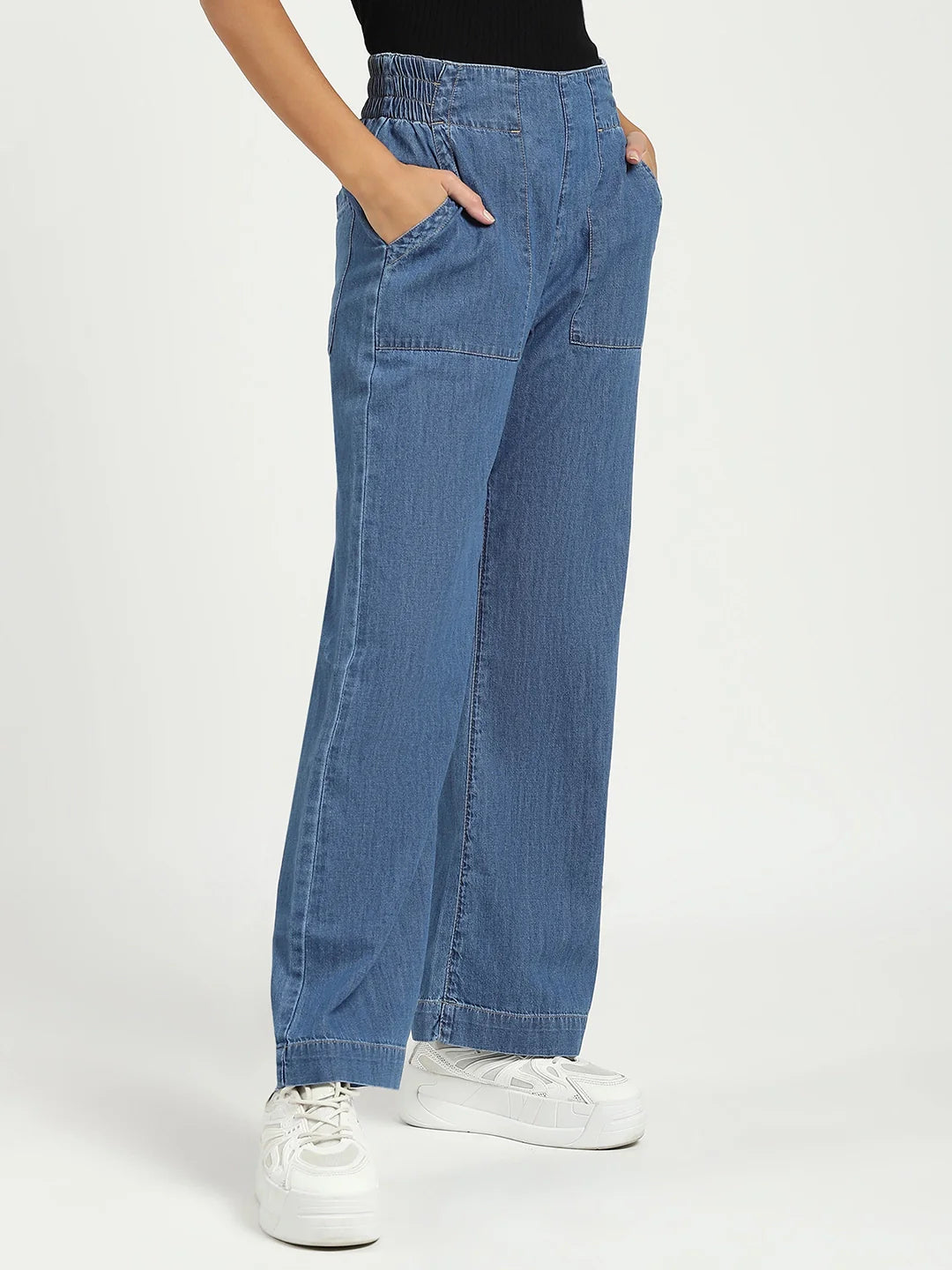Blue Solid Cotton Blend Lower