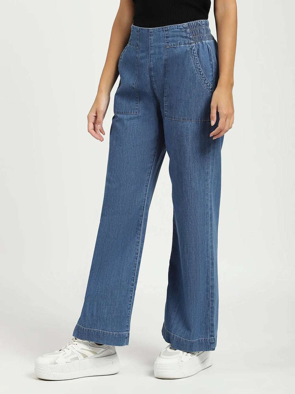 Blue Solid Cotton Blend Lower
