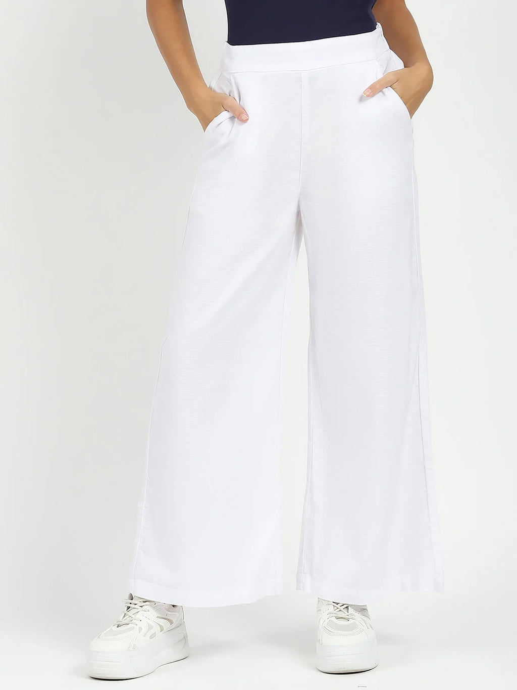 White Solid Cotton Blend Trousers
