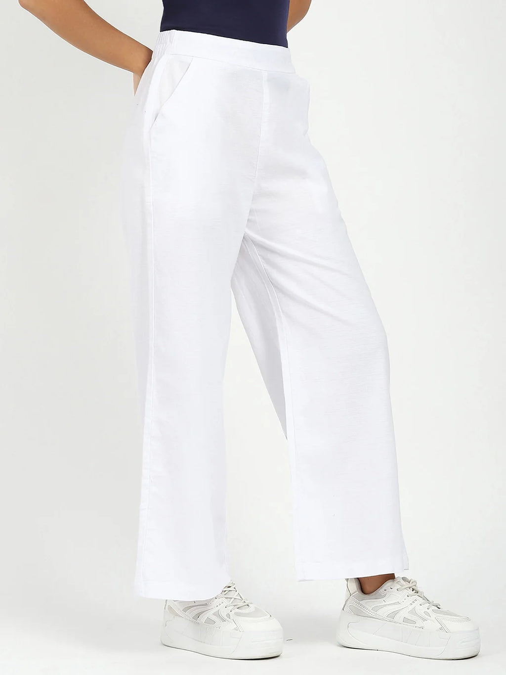 White Solid Cotton Blend Trousers