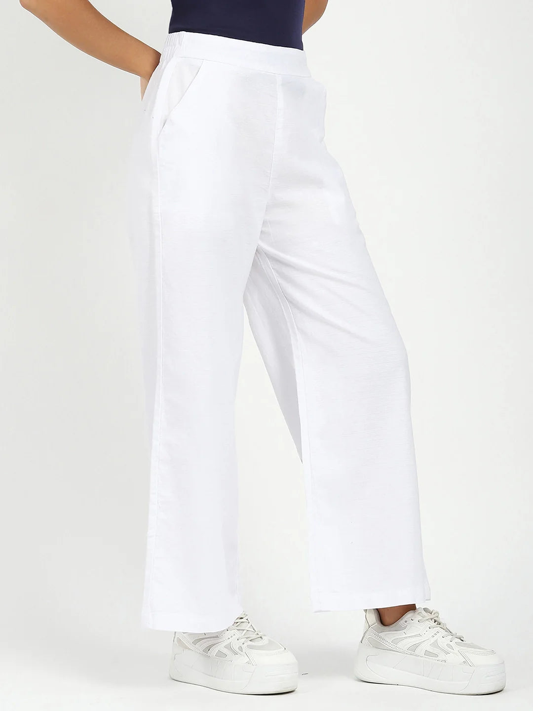White Solid Cotton Blend Trousers