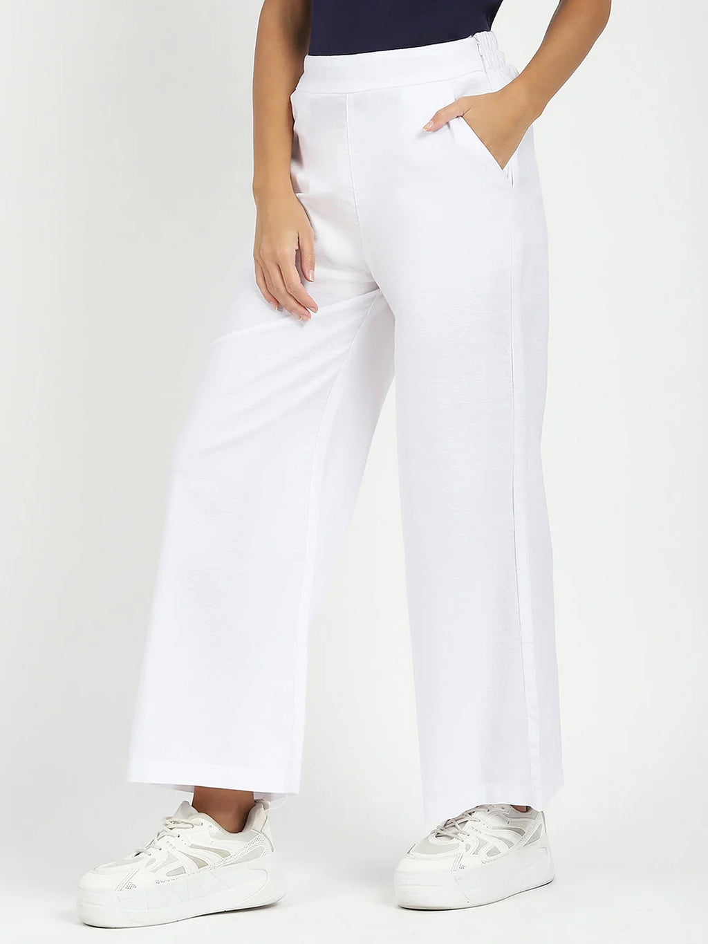 White Solid Cotton Blend Trousers