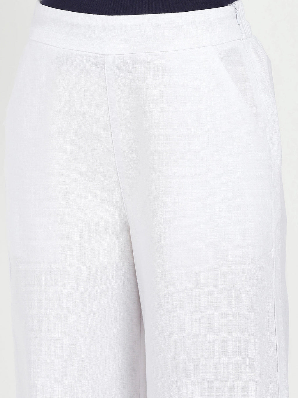 White Solid Cotton Blend Trousers