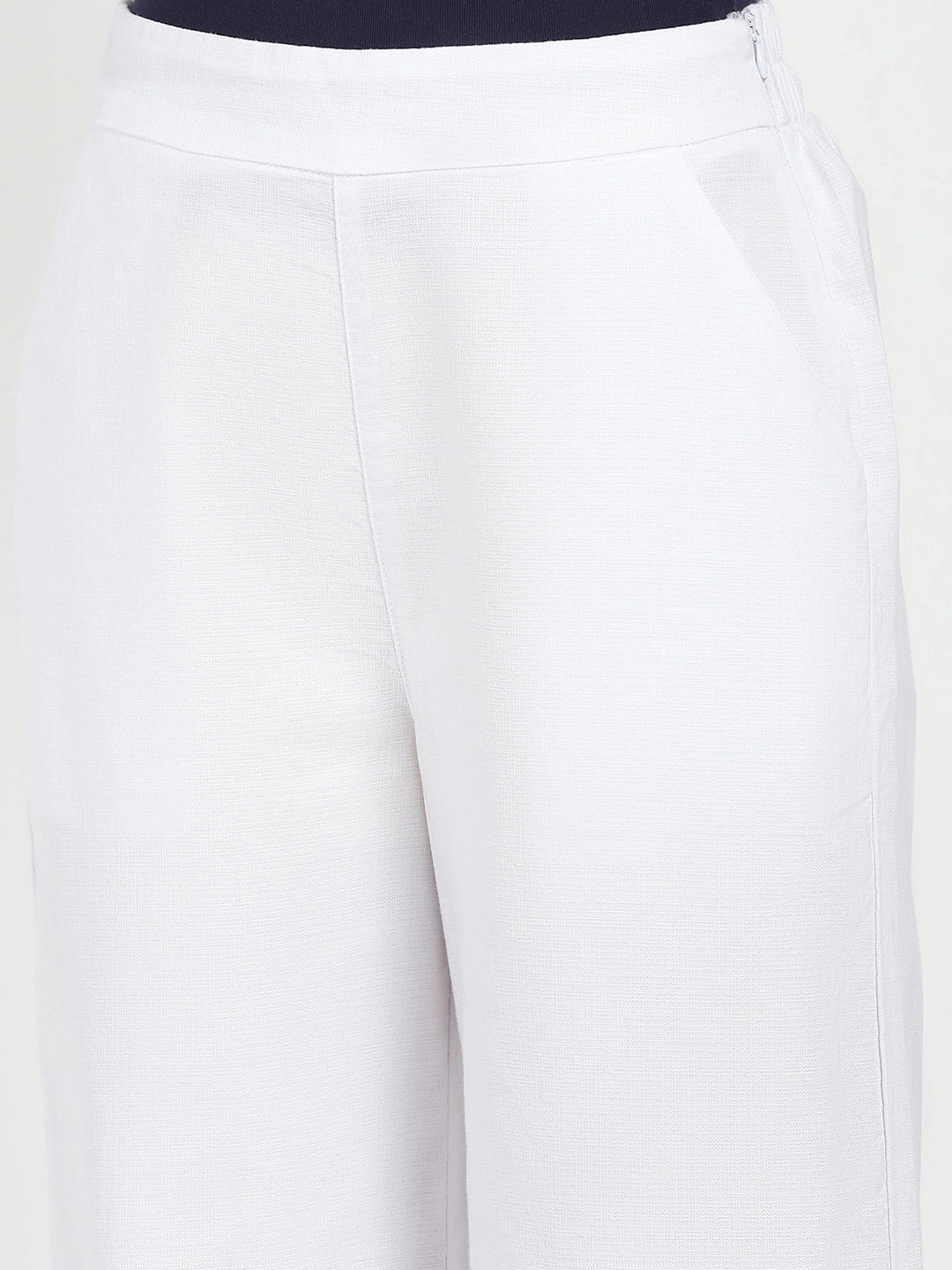White Solid Cotton Blend Trousers