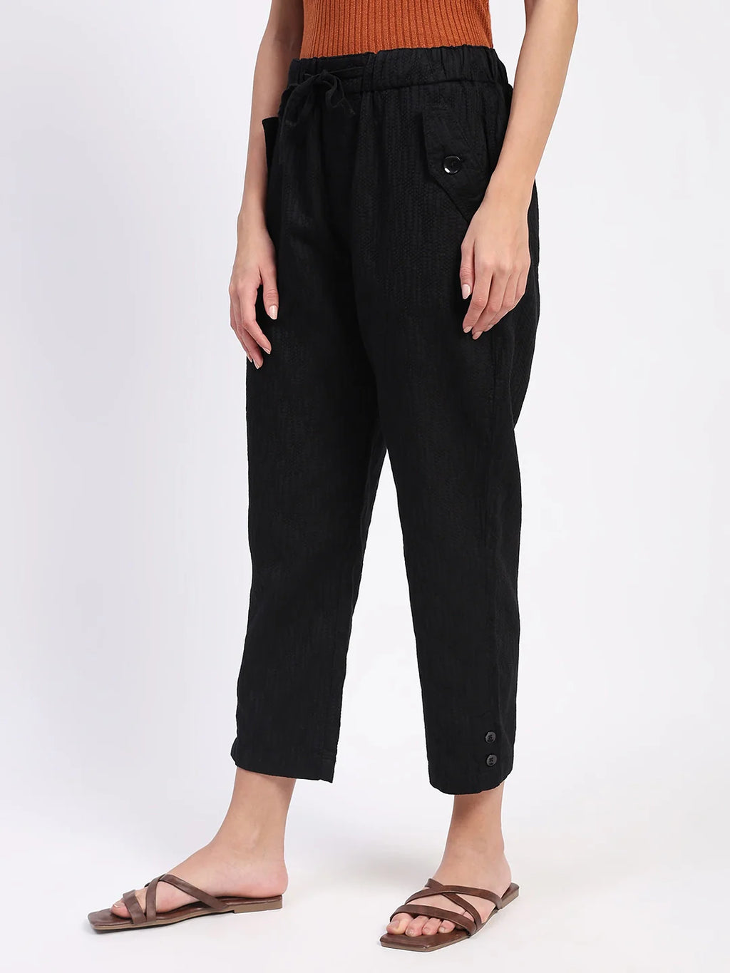 Black Embroidered Cotton Ankle Lower