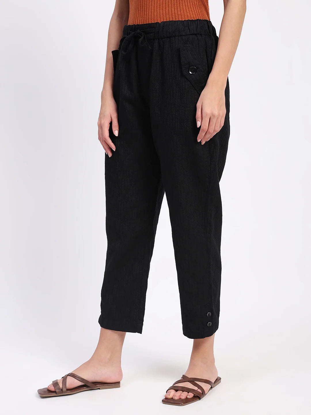 Black Embroidered Cotton Ankle Lower