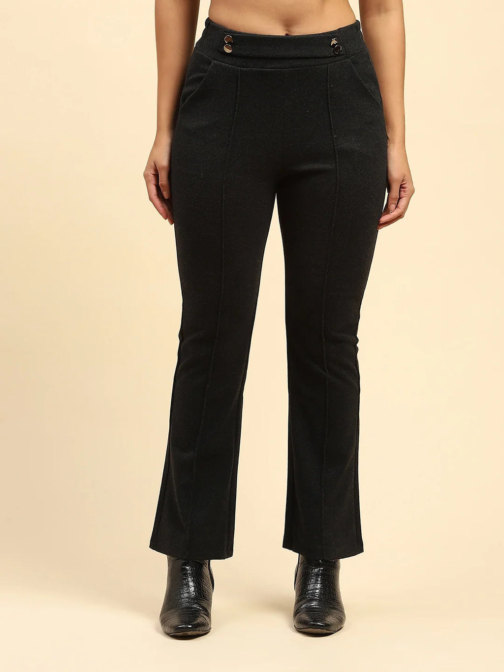 Black Solid Viscose Winter Trouser