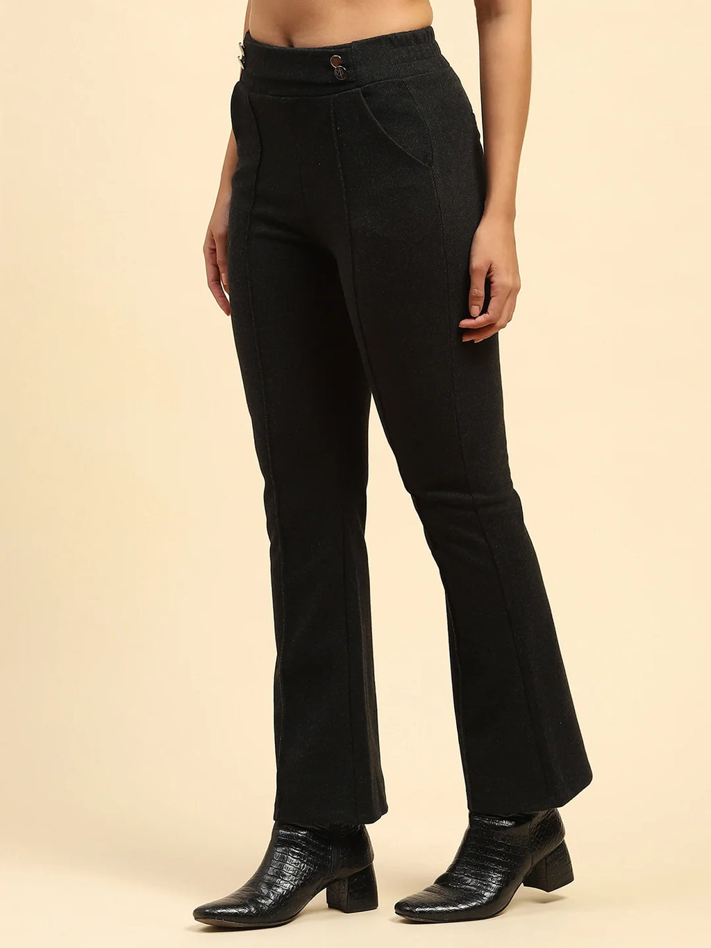 Black Solid Viscose Winter Trouser
