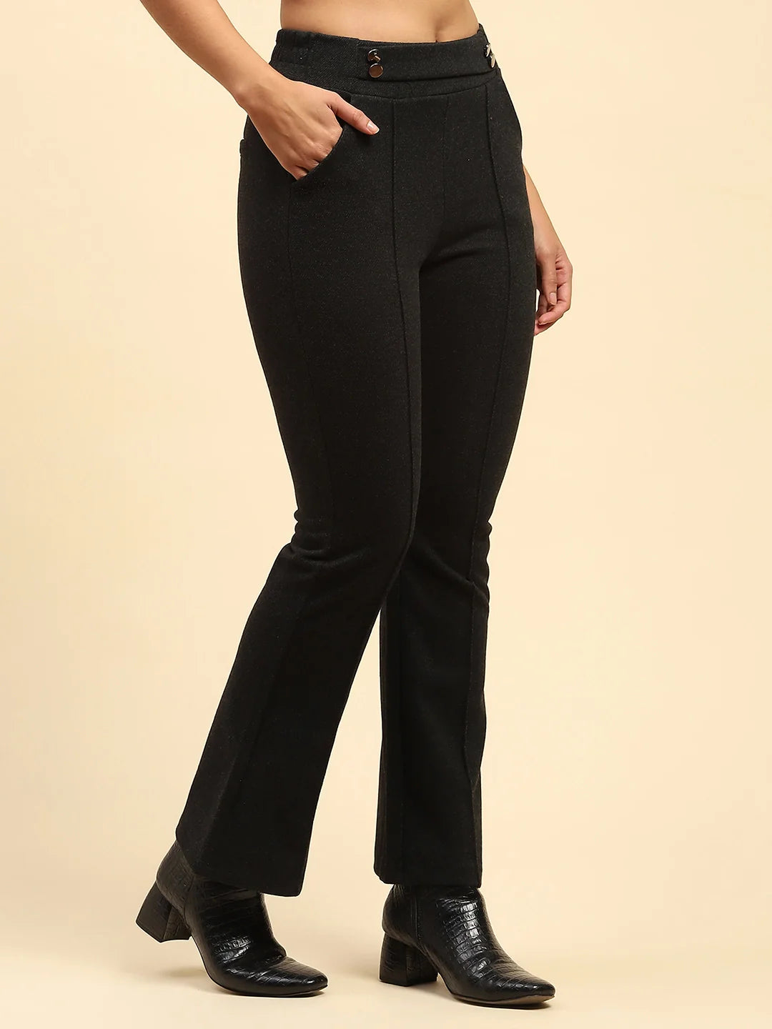 Black Solid Viscose Winter Trouser