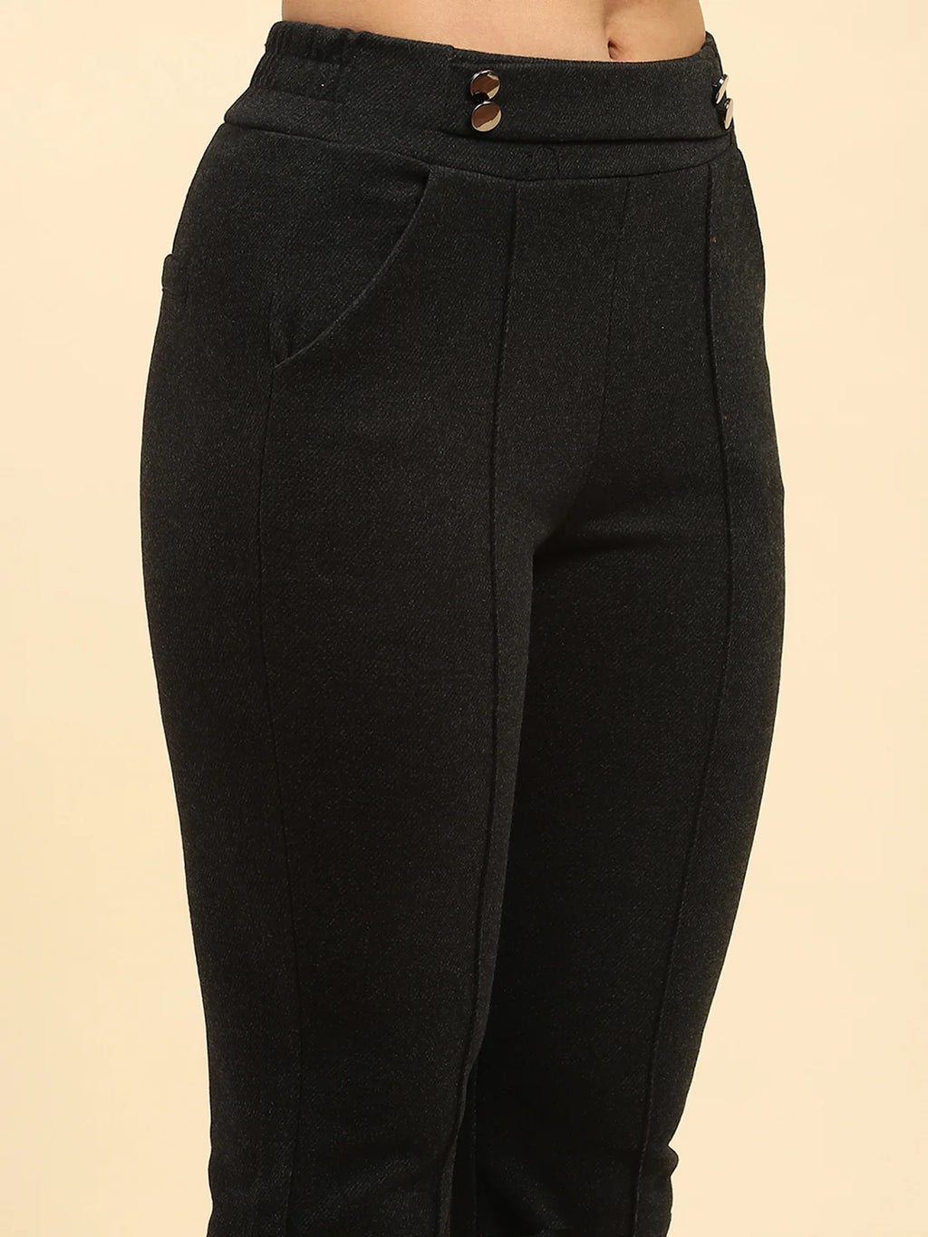Black Solid Viscose Winter Trouser