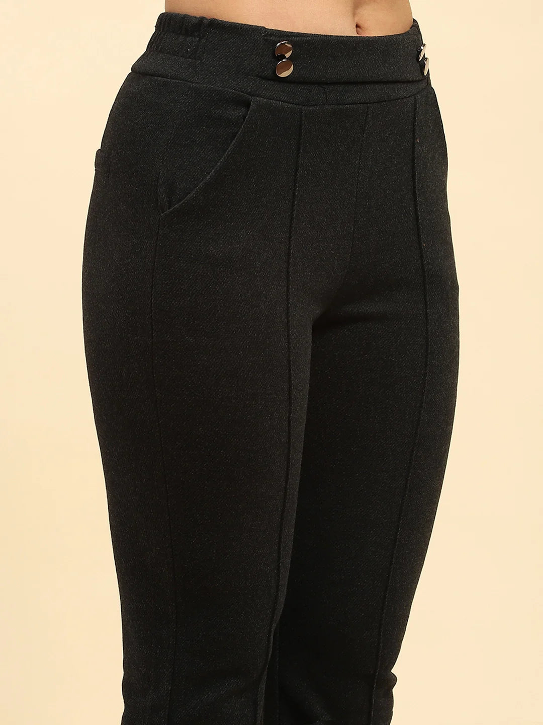 Black Solid Viscose Winter Trouser