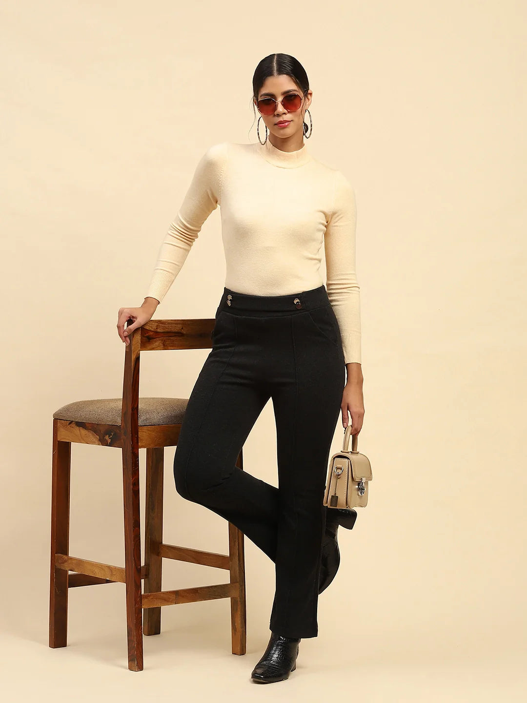 Black Solid Viscose Winter Trouser
