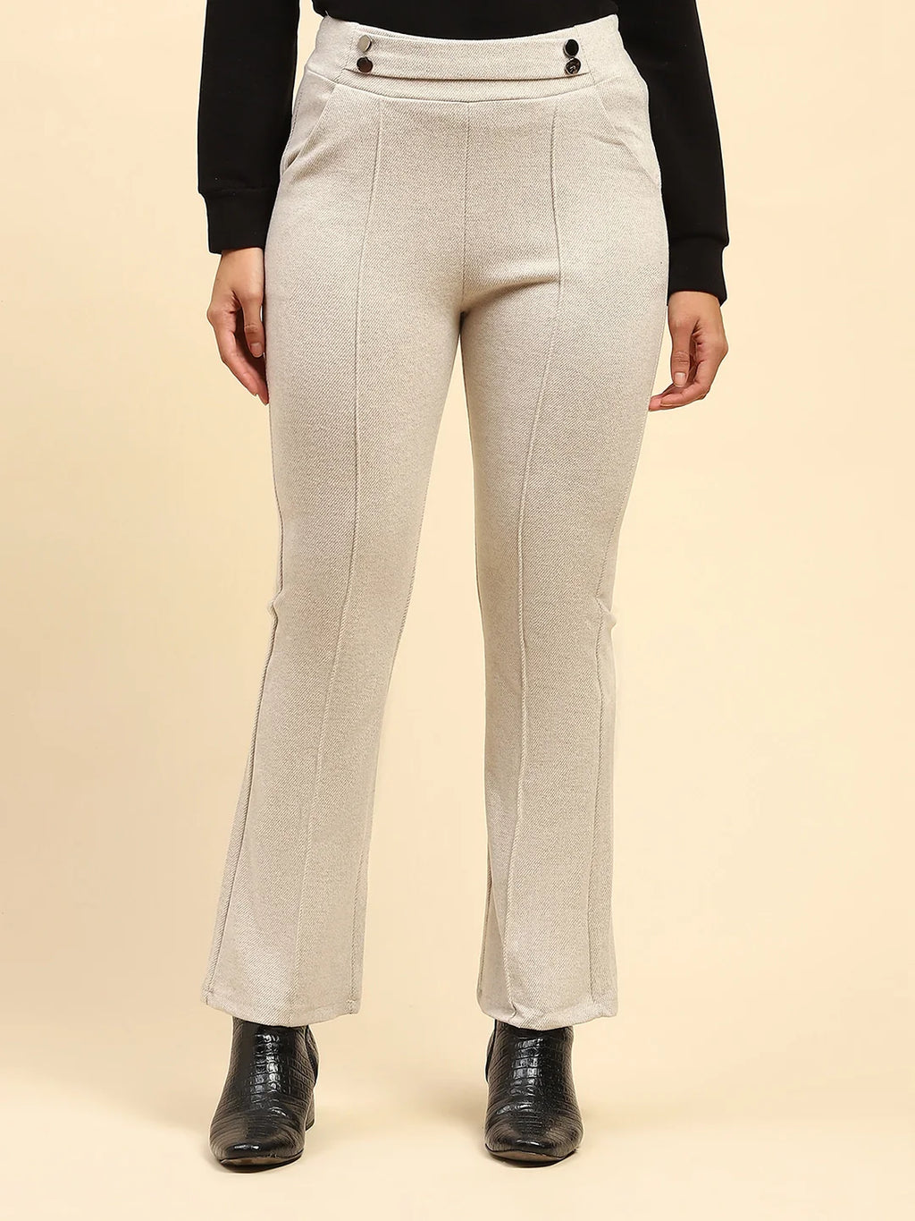 Ecru Solid Viscose Winter Trouser