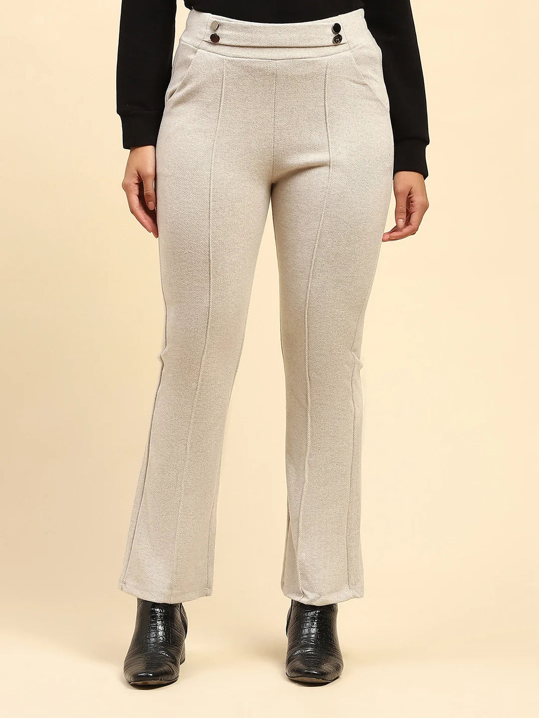 Ecru Solid Viscose Winter Trouser