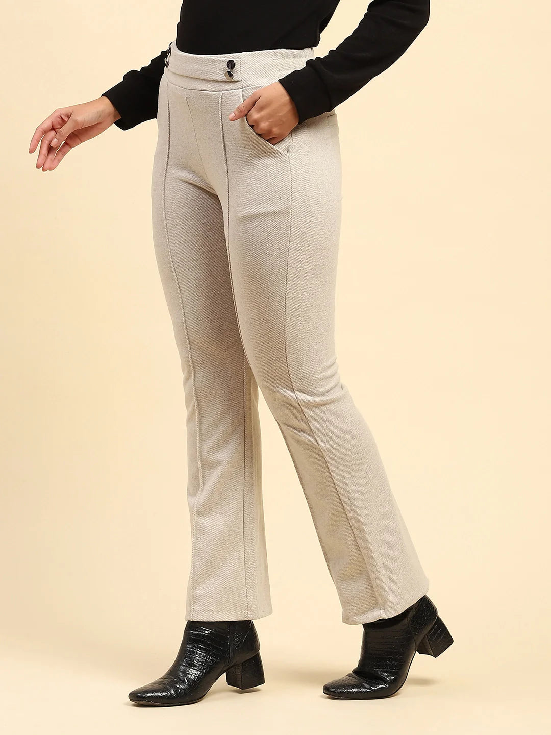 Ecru Solid Viscose Winter Trouser