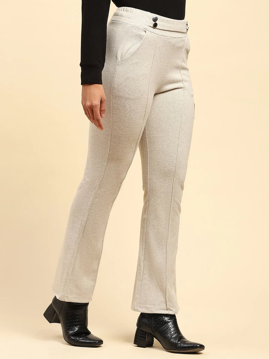 Ecru Solid Viscose Winter Trouser