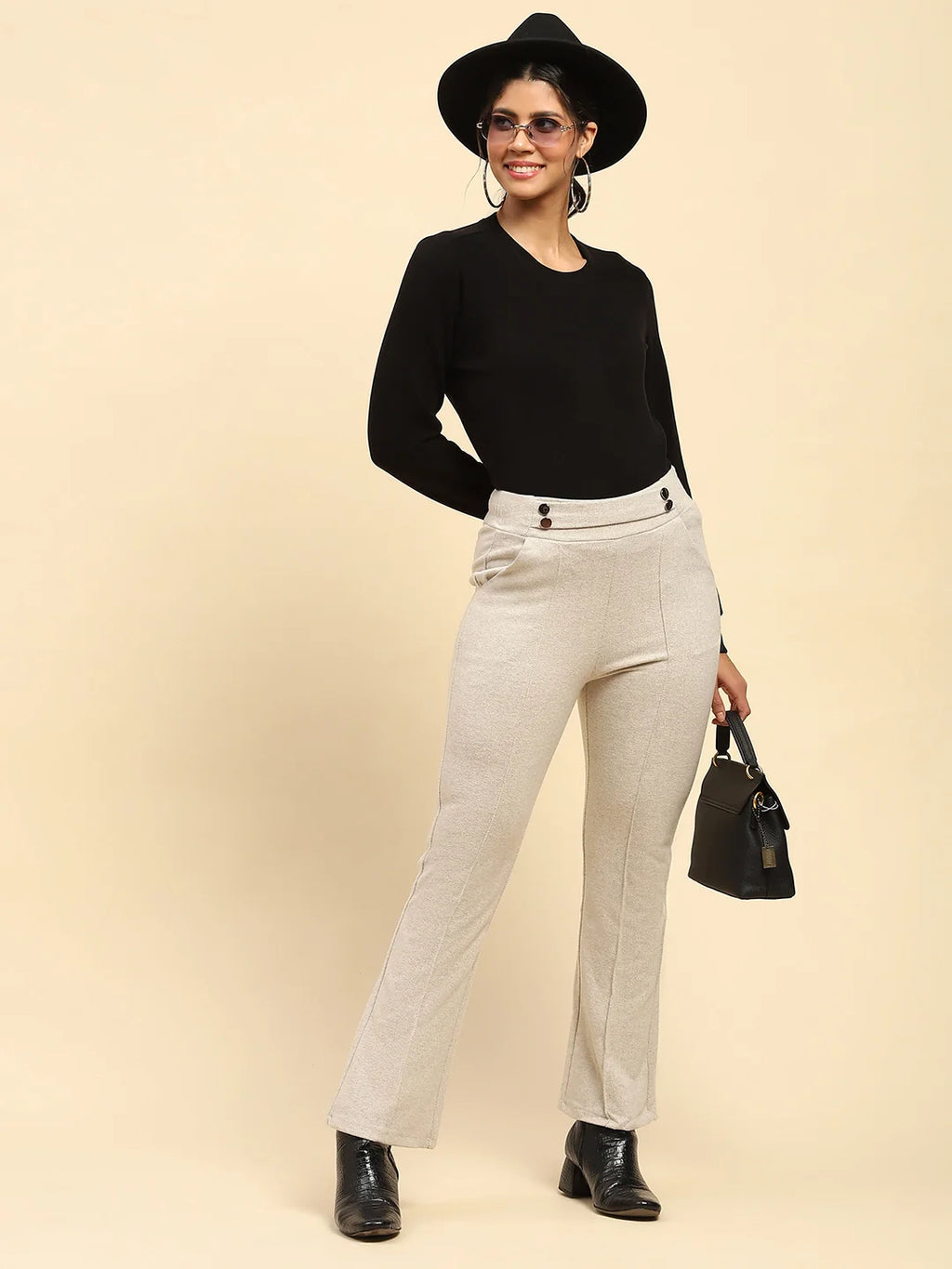Ecru Solid Viscose Winter Trouser