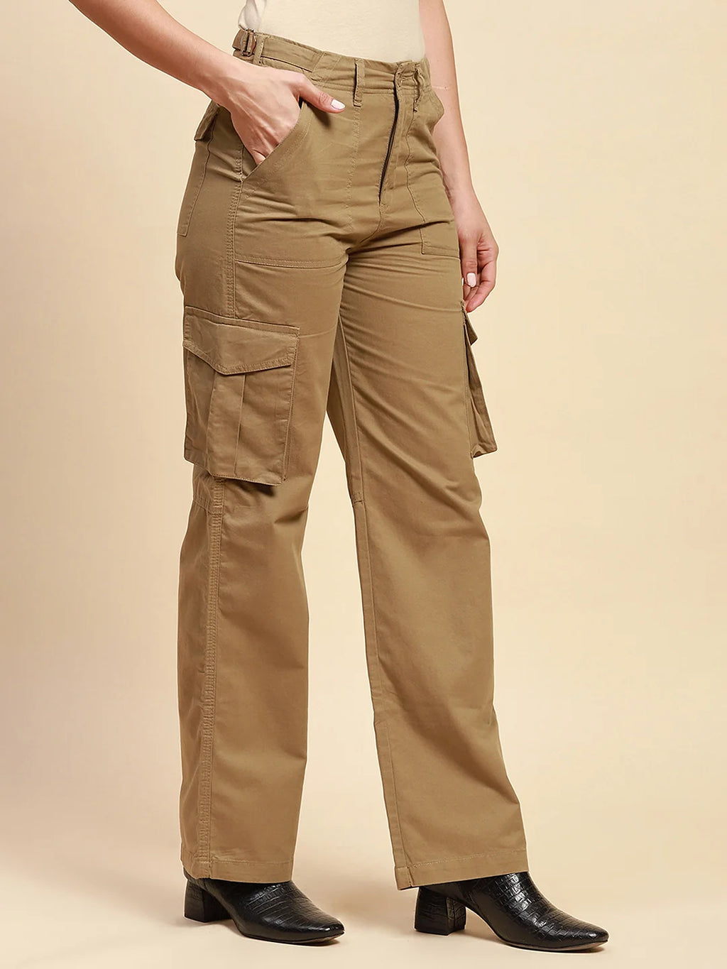 Khaki Cotton Straight Fit Cargo