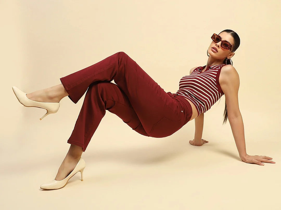 Maroon Cotton Blend Stretchable Trouser