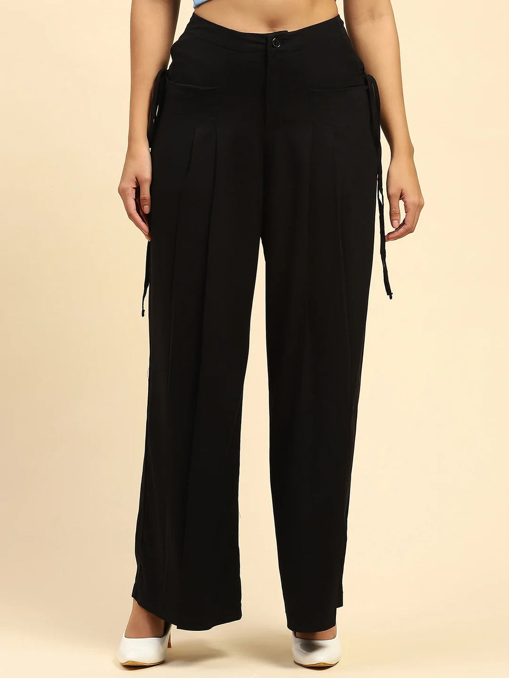 Black Solid Cotton Loose Fit Palazzo