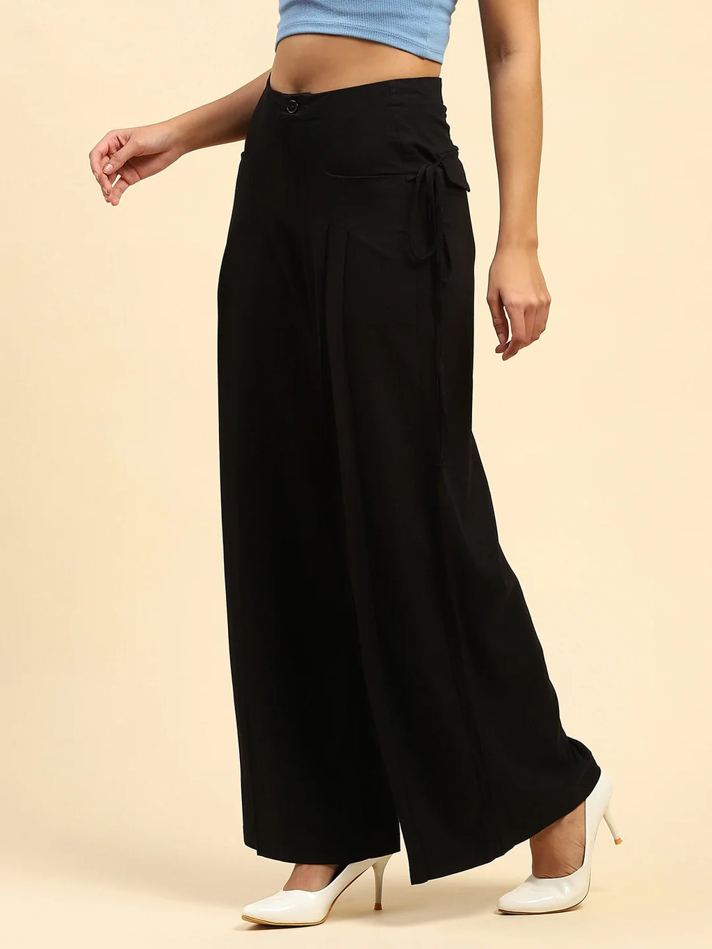 Black Solid Cotton Loose Fit Palazzo