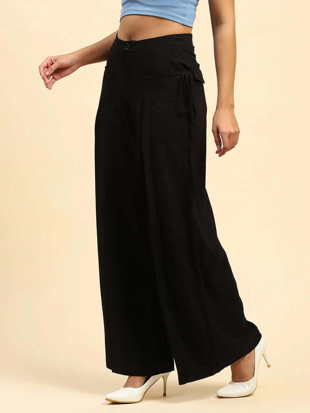 Black Solid Cotton Loose Fit Palazzo
