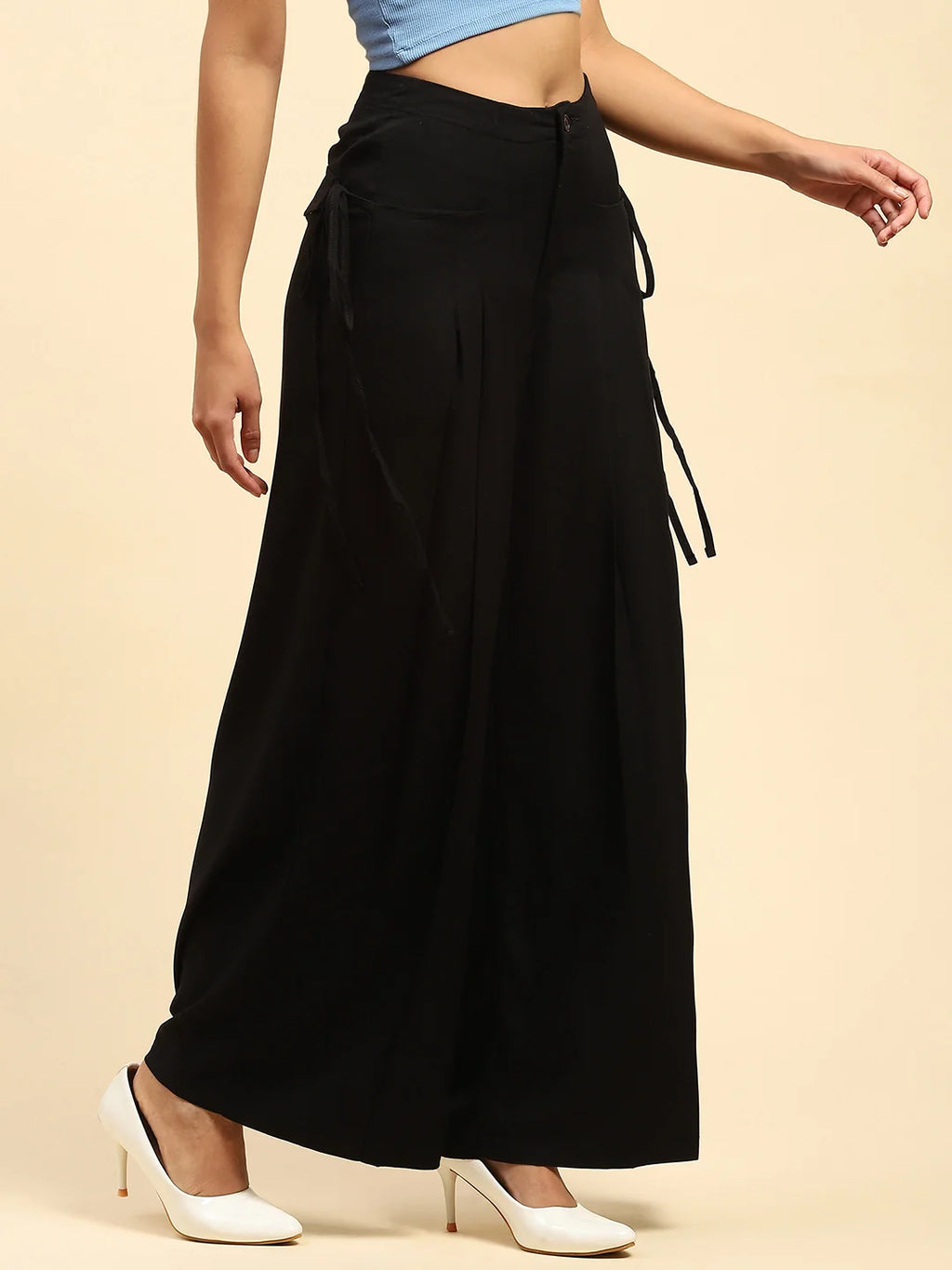 Black Solid Cotton Loose Fit Palazzo