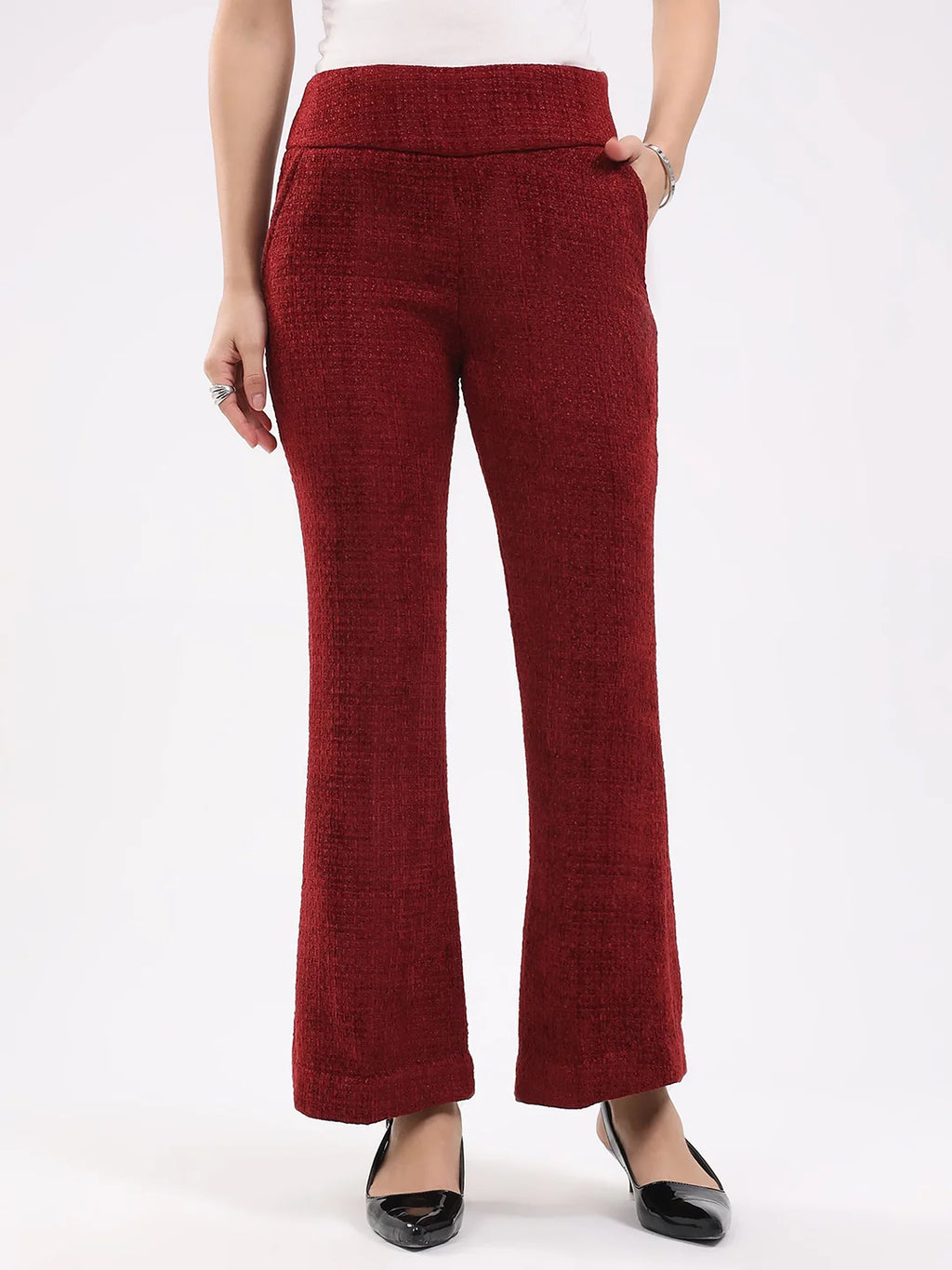 Maroon Wool Blend Bootcut Trousers