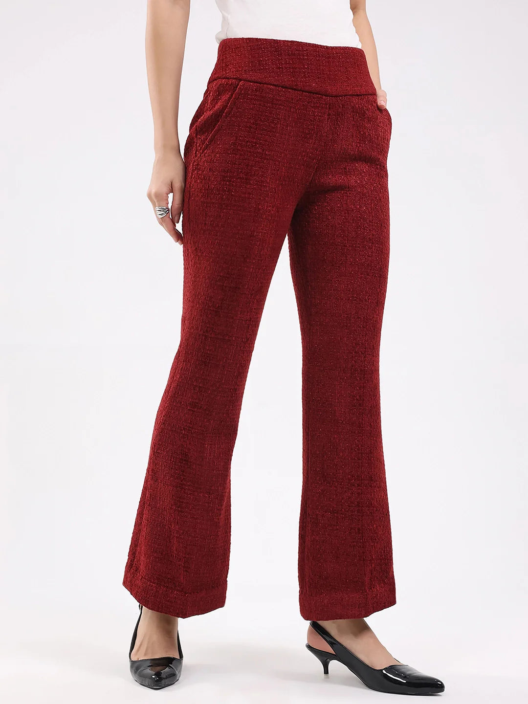 Maroon Wool Blend Bootcut Trousers