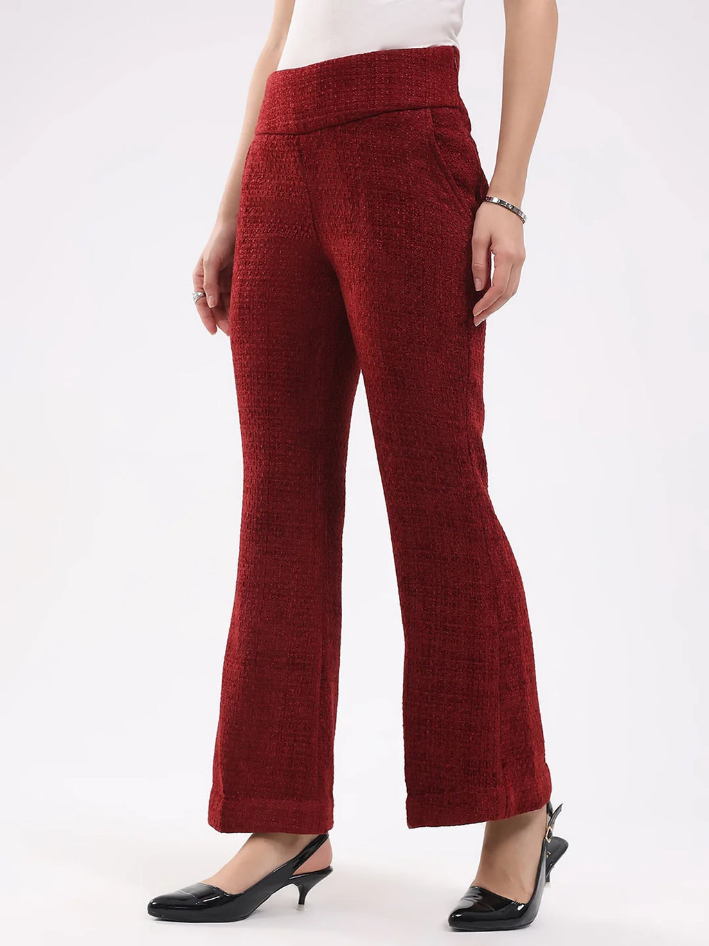 Maroon Wool Blend Bootcut Trousers