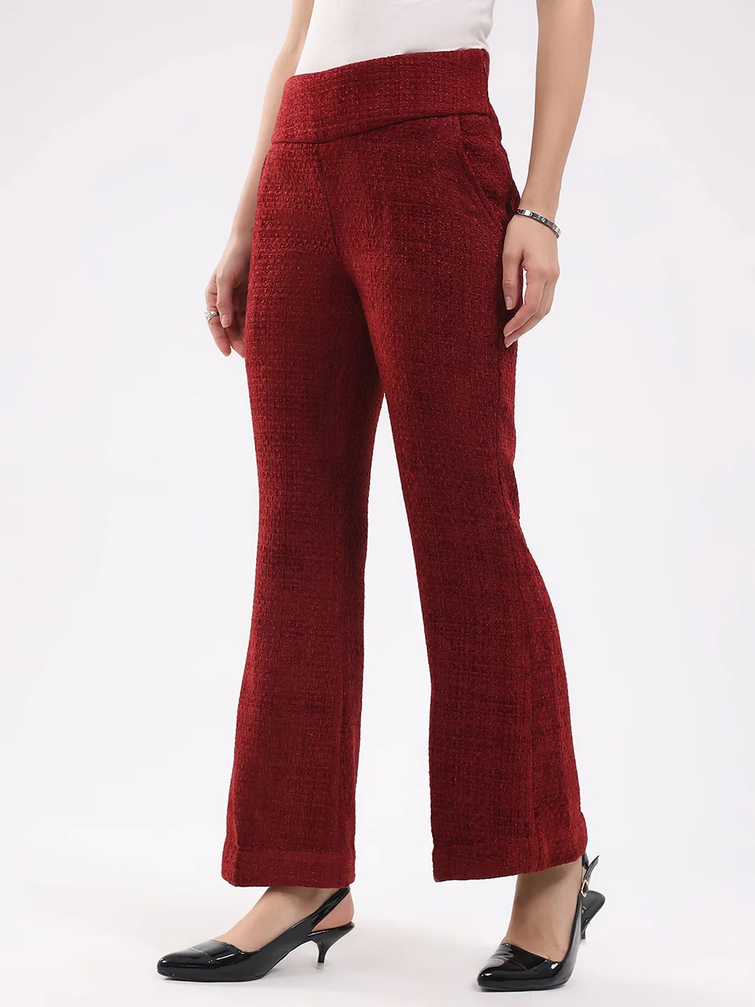 Maroon Wool Blend Bootcut Trousers