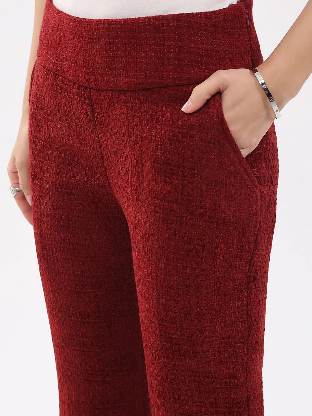 Maroon Wool Blend Bootcut Trousers