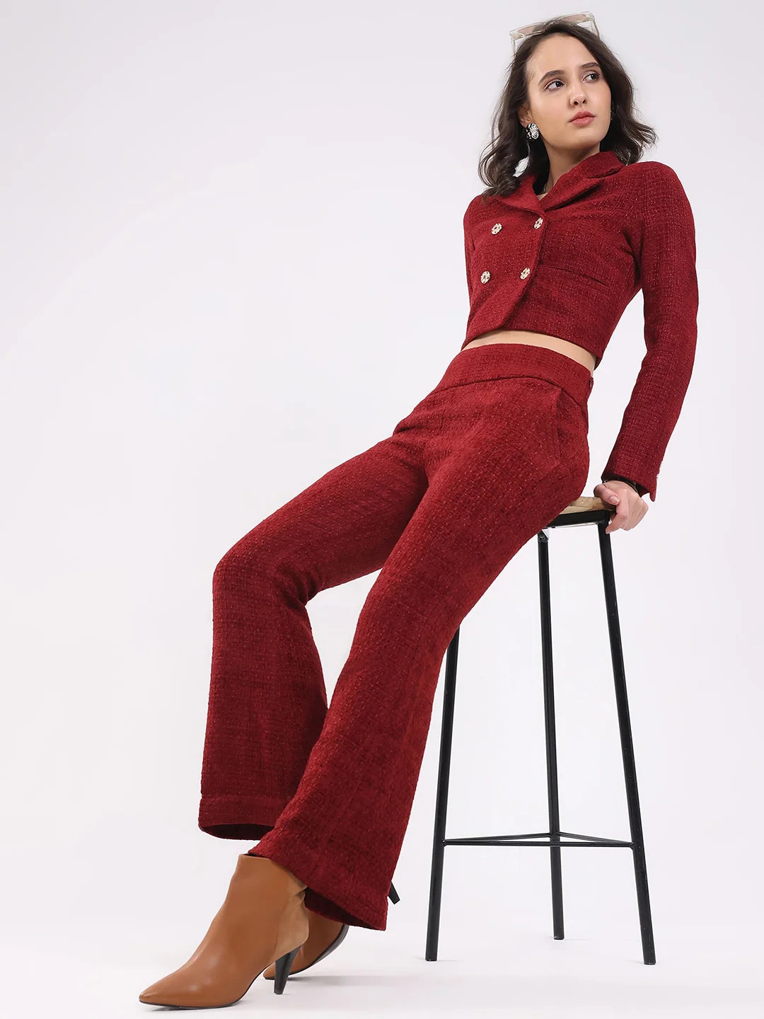 Maroon Wool Blend Bootcut Trousers