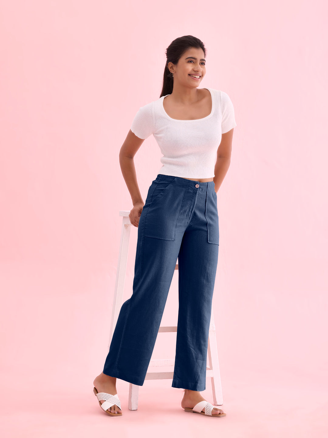 Blue Denim Linen Cargo Pants