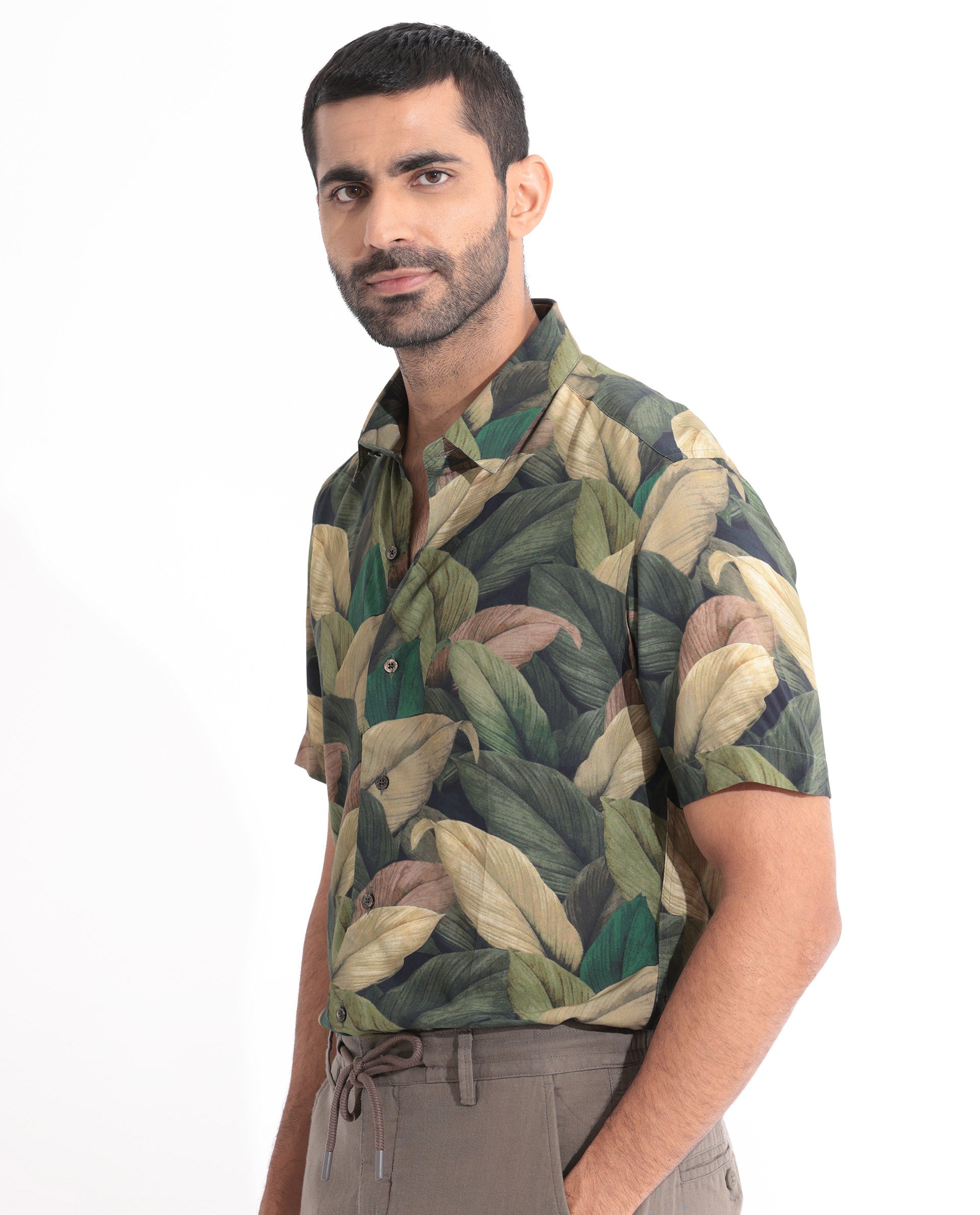 Rare Rabbit Men's Growr Green Viscose Tropical Print Regular Fit Half Sleeve Collared Shirt
