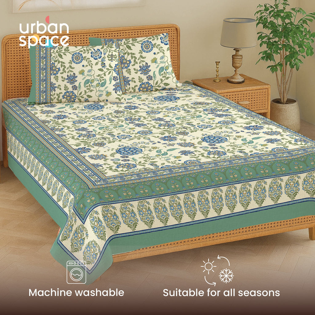Rajasthani Ethnic 100% Cotton Bedsheet with 2 Pillow Covers, King Bed - Gulbagh Sage Green