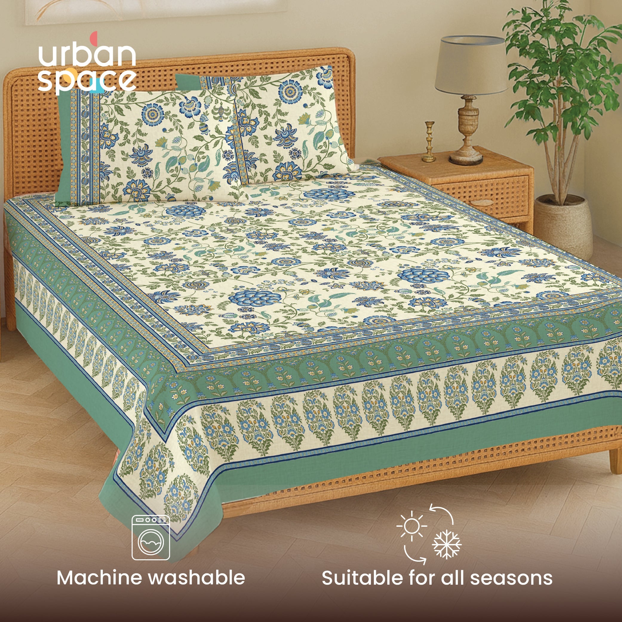 Rajasthani Ethnic 100% Cotton Bedsheet with 2 Pillow Covers, King Bed - Gulbagh Sage Green