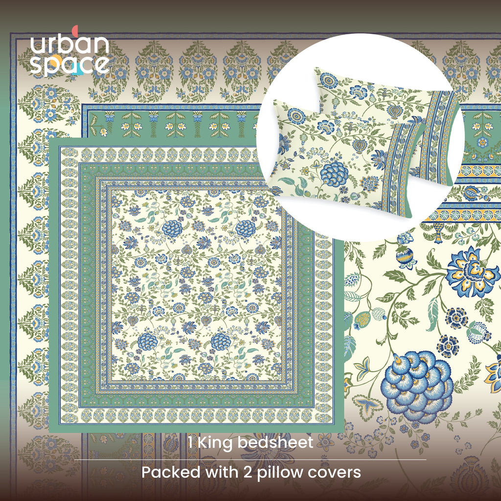 Rajasthani Ethnic 100% Cotton Bedsheet with 2 Pillow Covers, King Bed - Gulbagh Sage Green