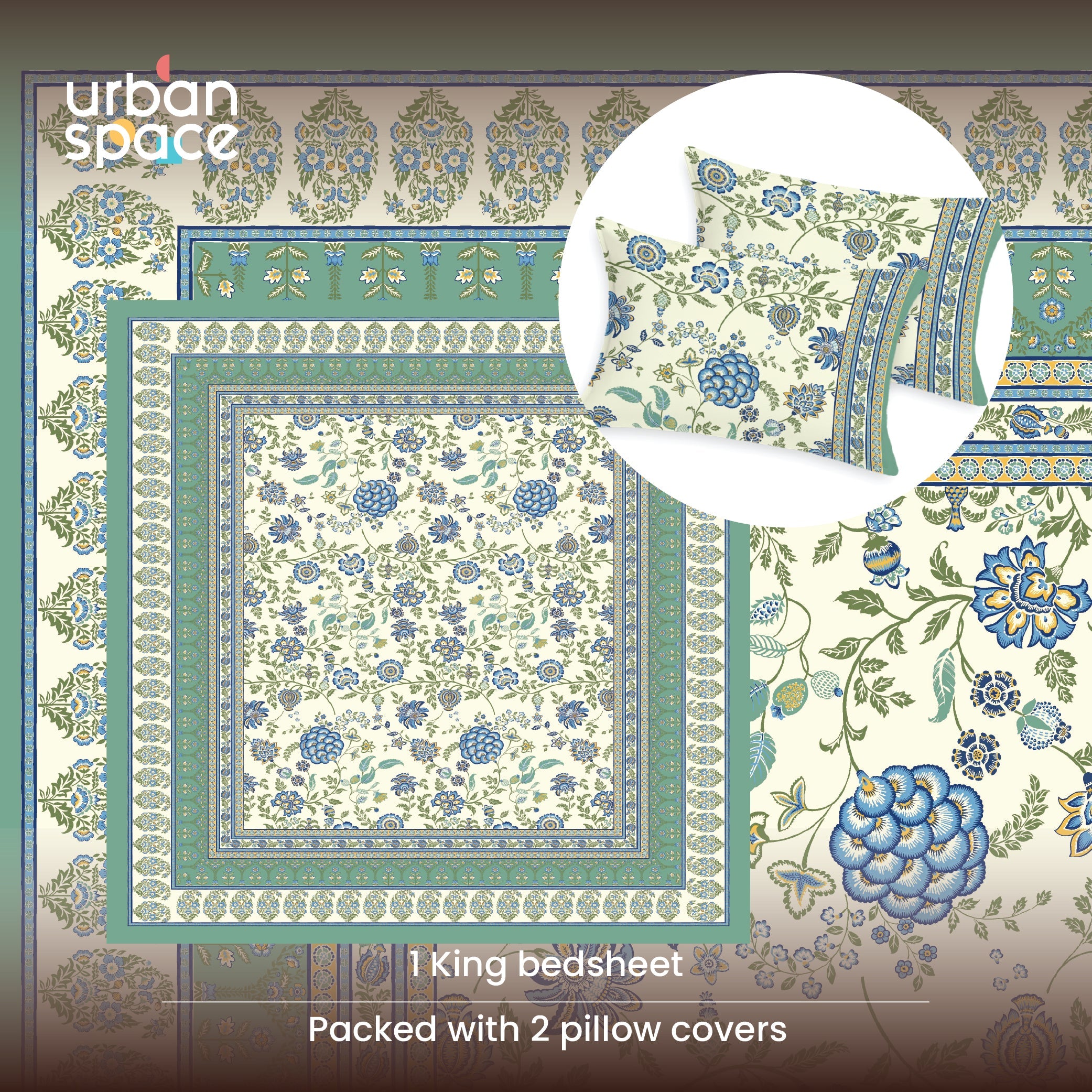 Rajasthani Ethnic 100% Cotton Bedsheet with 2 Pillow Covers, King Bed - Gulbagh Sage Green