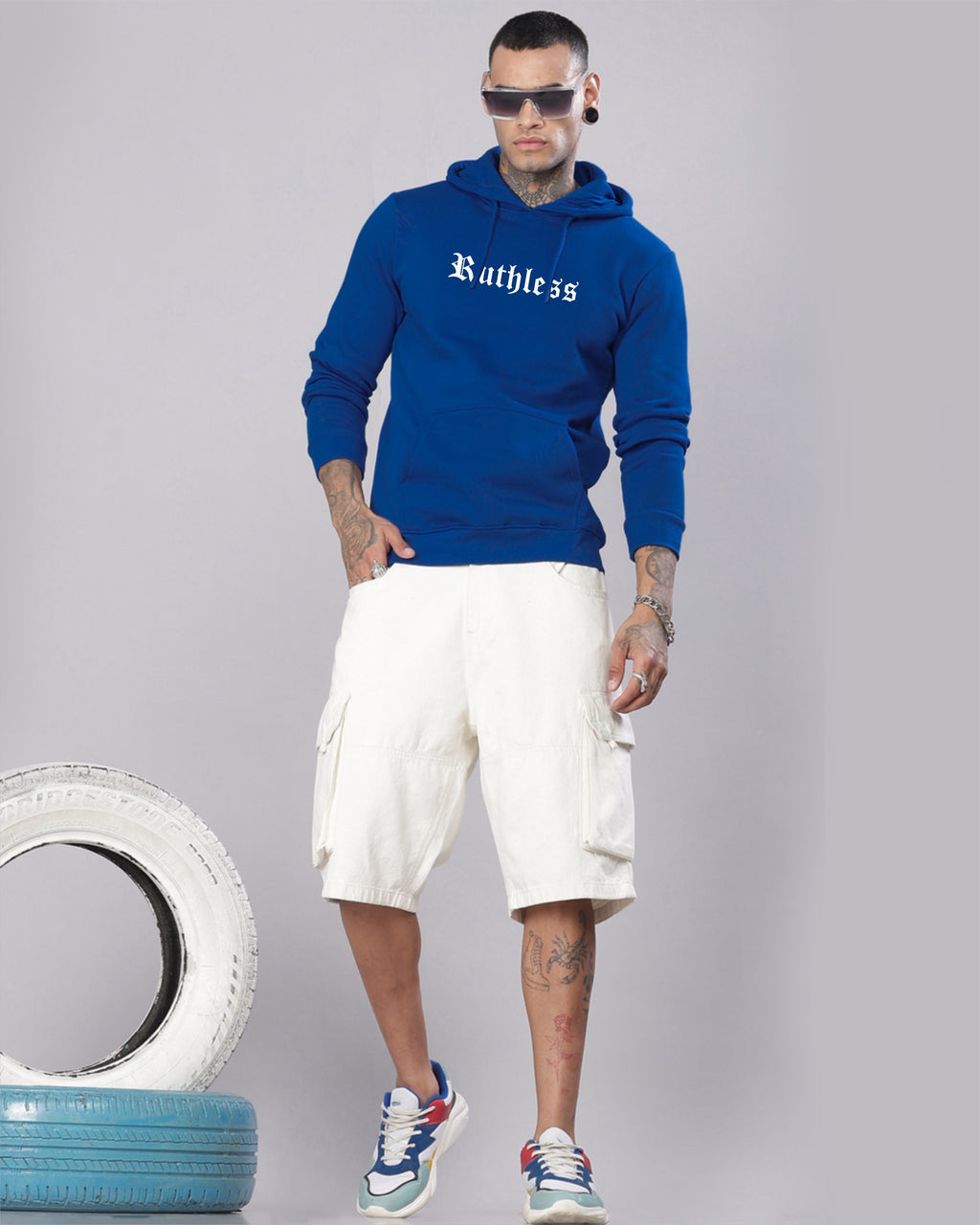 Men Blue Printed Hoodie