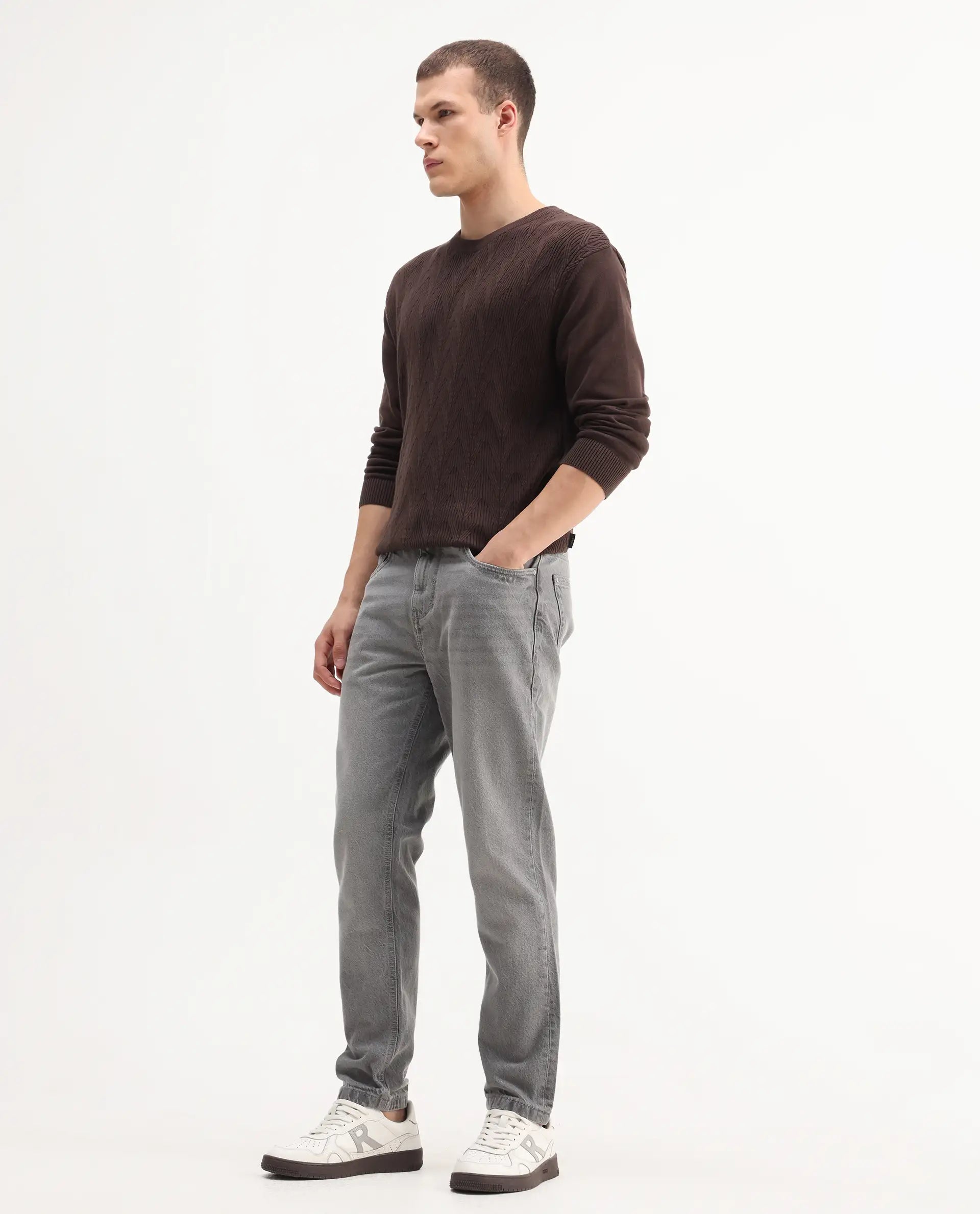 Rare Rabbit Mens Hades Grey Solid Mid Rise Mid Wash Regular Fit Jeans