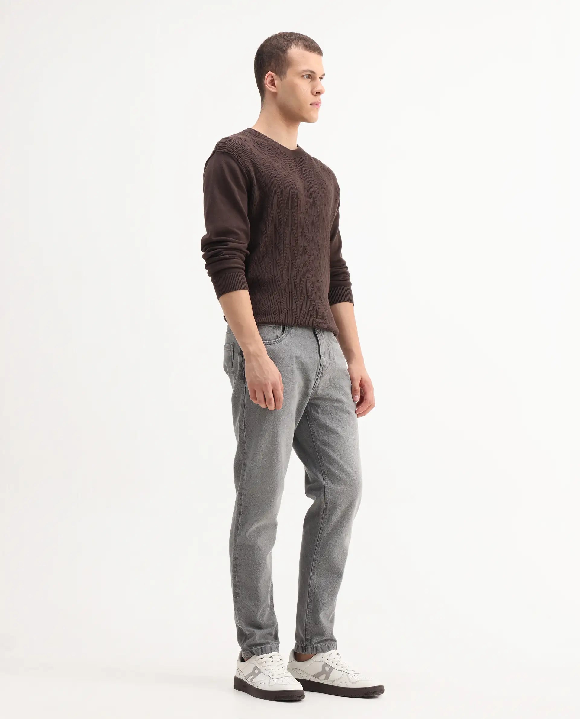 Rare Rabbit Mens Hades Grey Solid Mid Rise Mid Wash Regular Fit Jeans
