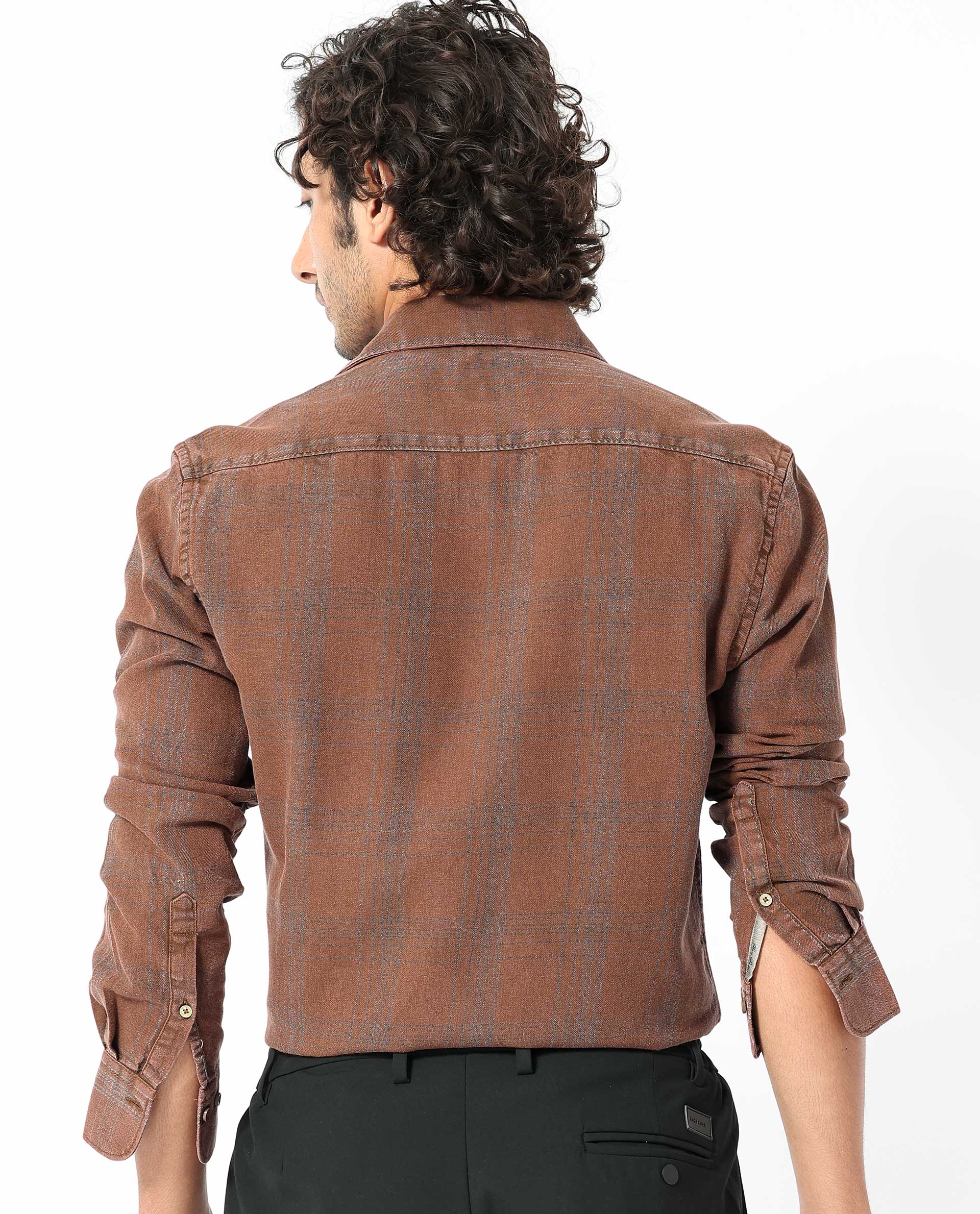 Rare Rabbit Men's Hammel Rust Cotton Checked Print Regular Fit Full Sleeve Collared Shirt