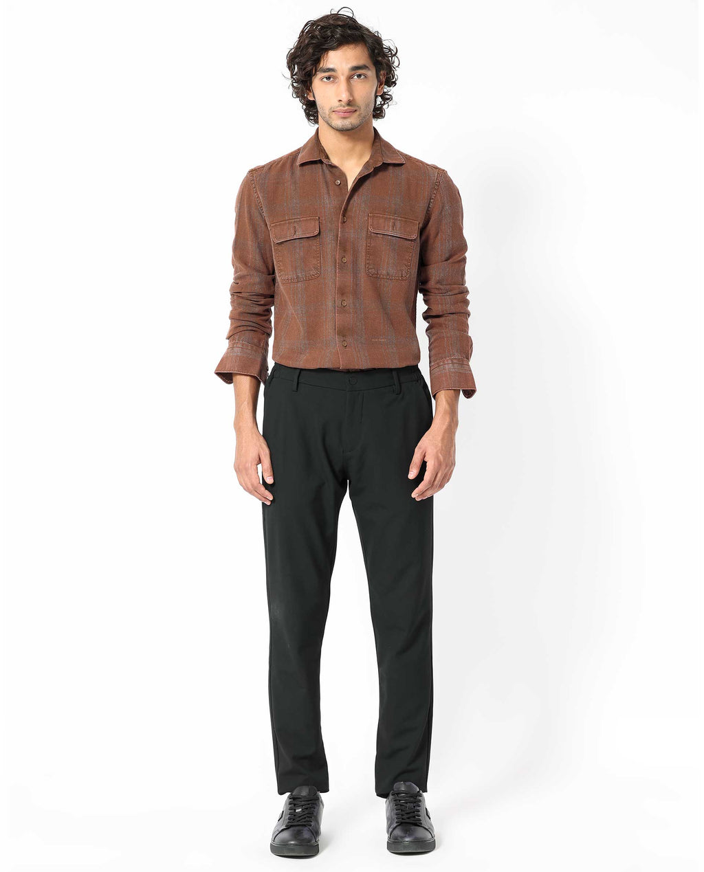 Rare Rabbit Men's Hammel Rust Cotton Checked Print Regular Fit Full Sleeve Collared Shirt