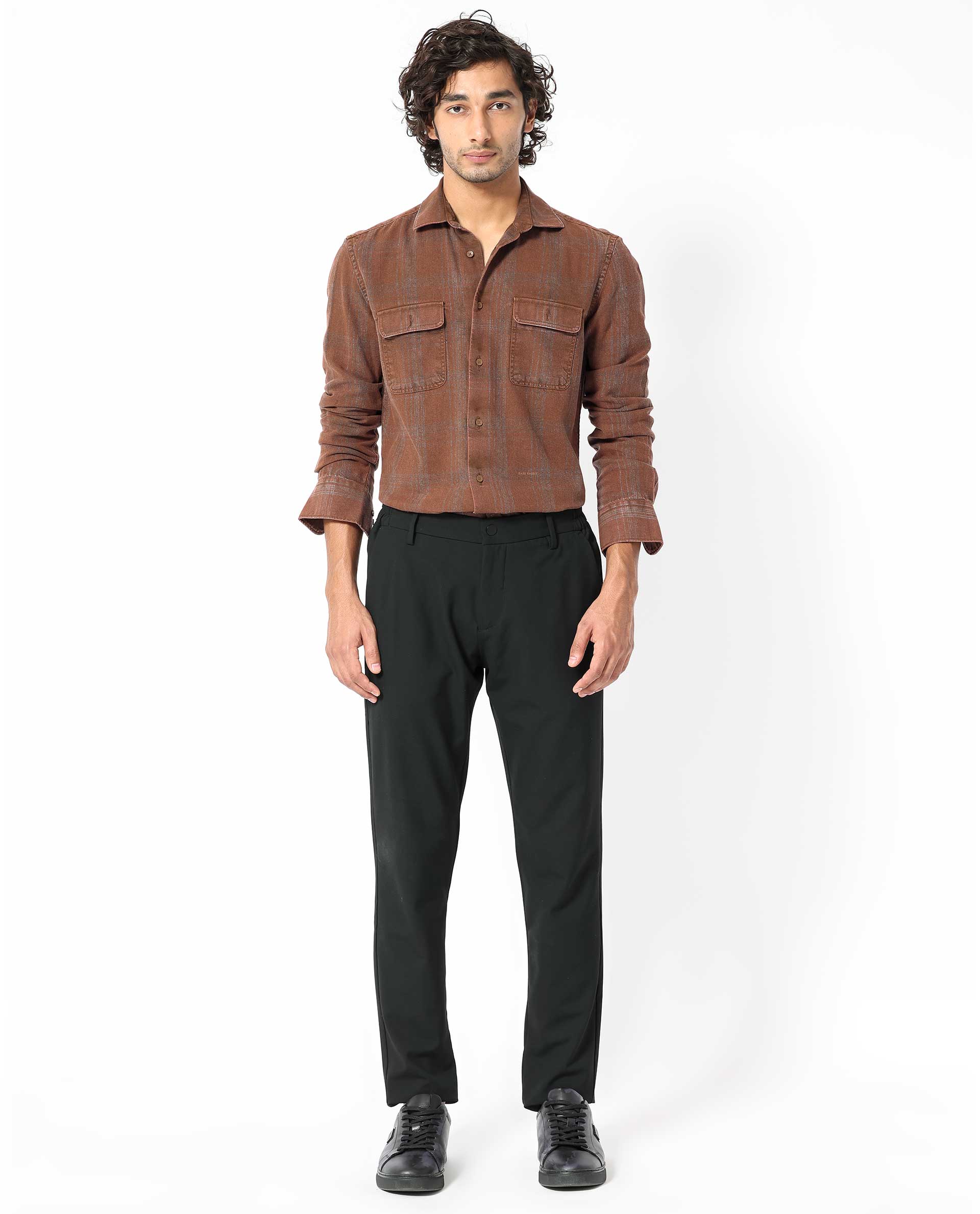 Rare Rabbit Men's Hammel Rust Cotton Checked Print Regular Fit Full Sleeve Collared Shirt