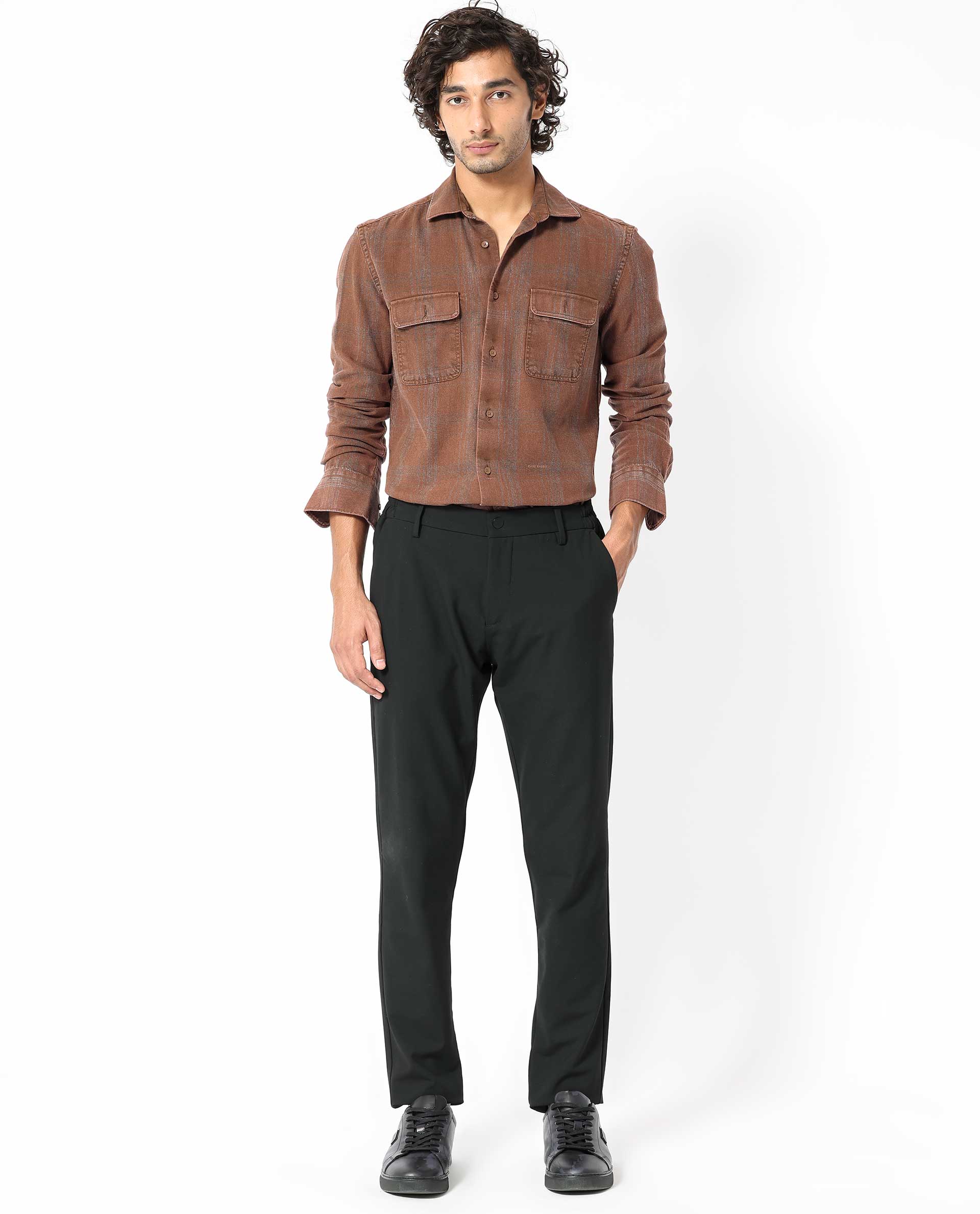 Rare Rabbit Men's Hammel Rust Cotton Checked Print Regular Fit Full Sleeve Collared Shirt