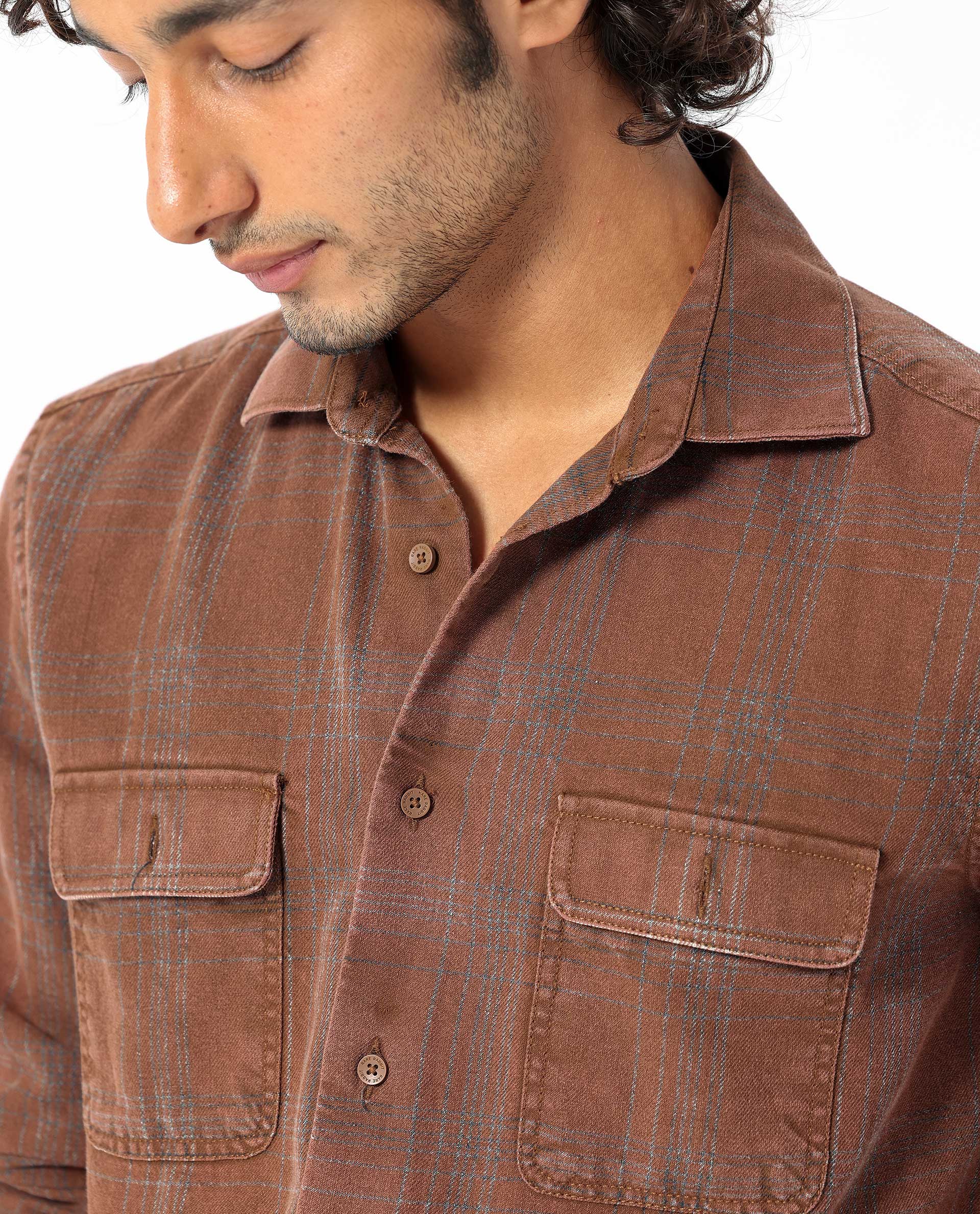 Rare Rabbit Men's Hammel Rust Cotton Checked Print Regular Fit Full Sleeve Collared Shirt