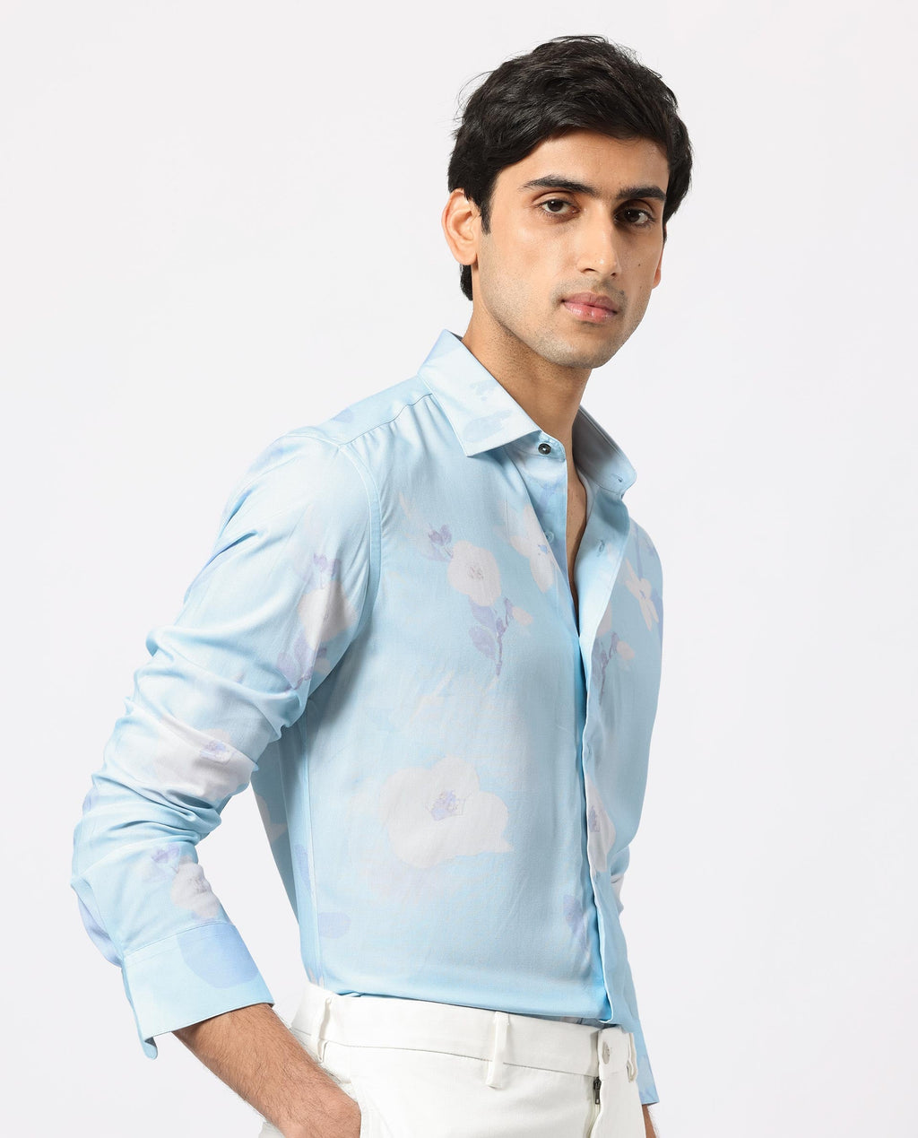Rare Rabbit Men's Hanmer Light Petrol Viscose Floral Print Regular Fit Full Sleeve Collared Shirt