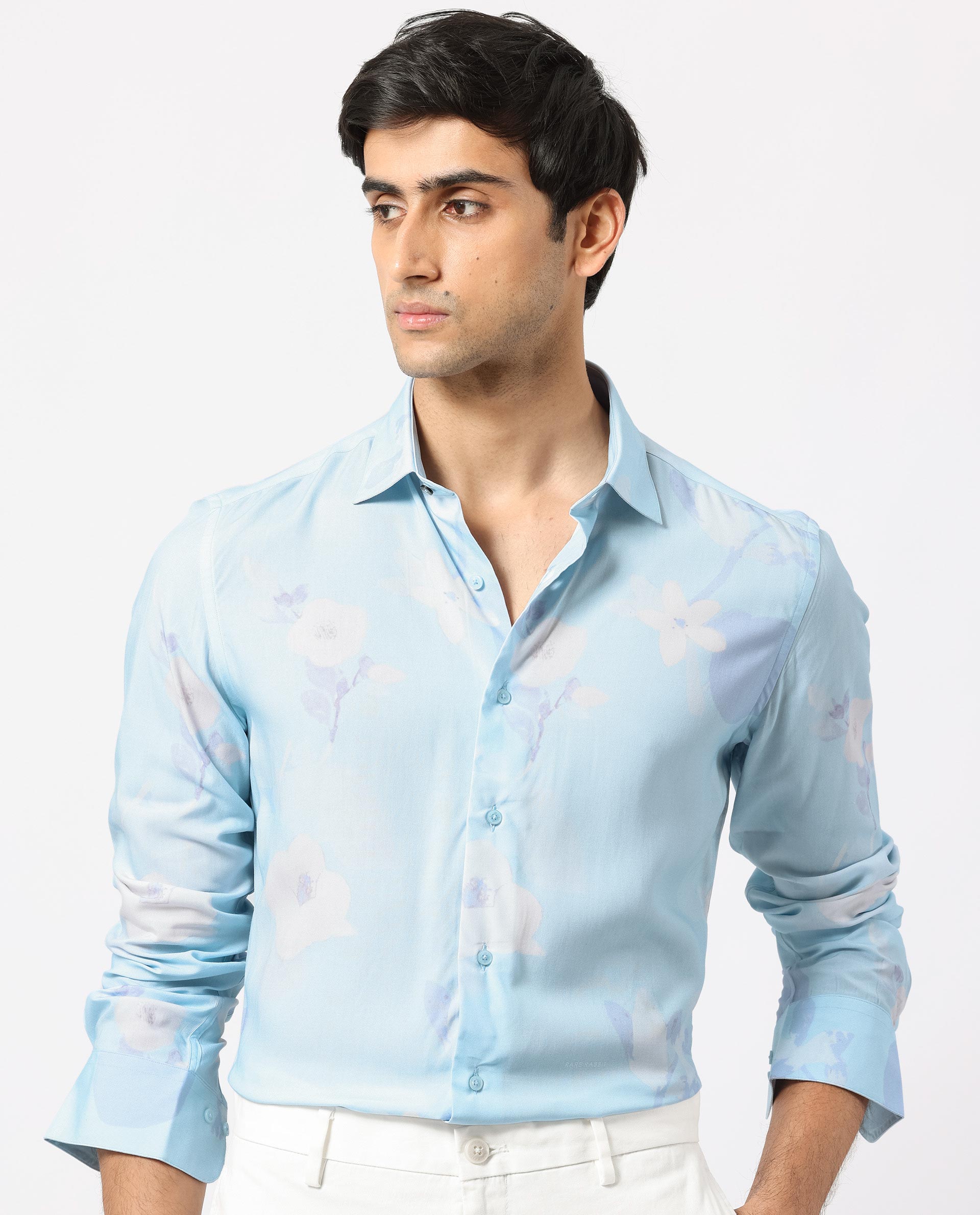 Rare Rabbit Men's Hanmer Light Petrol Viscose Floral Print Regular Fit Full Sleeve Collared Shirt