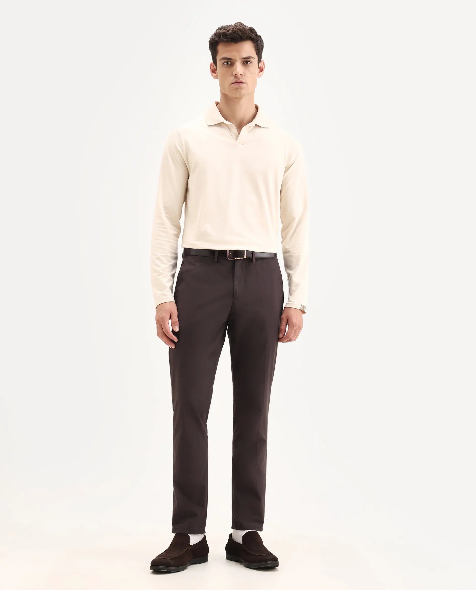 Rare Rabbit Men's Harlow Brown Cotton Plain Regular Fit Trouser